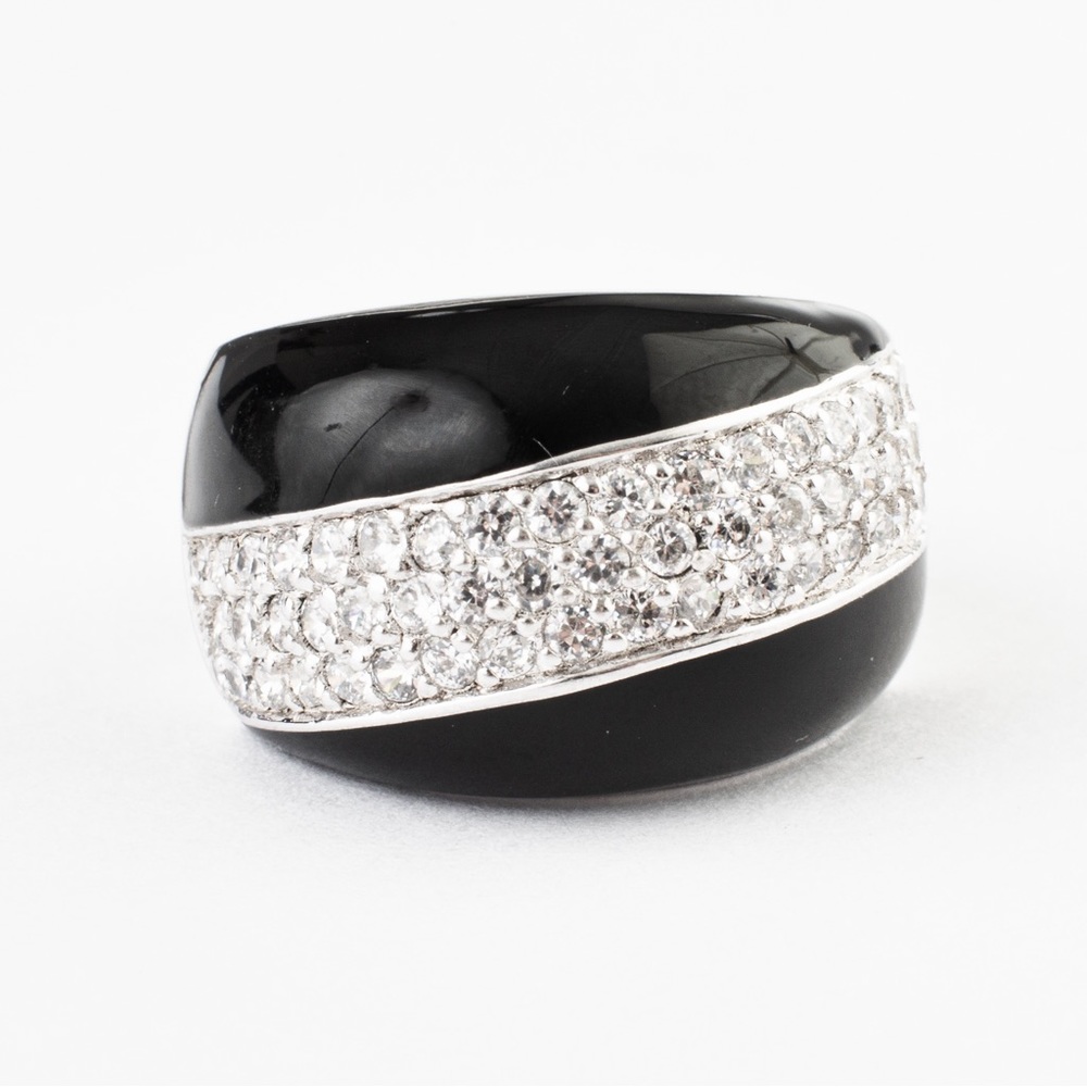 Contemporary black onyx & CZ stones ring sterling silver 8 by Charles Winston